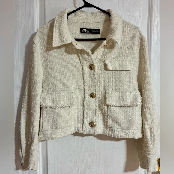 Zara Tweed Textured Gold Buttons Pockets Spring Cream Blazer Jacket Size Large - Picture 3 of 11